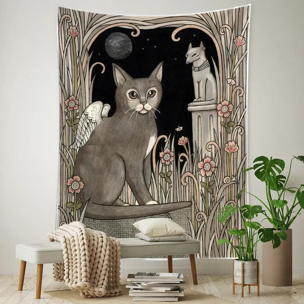 Teal and gold black cat tarot tapestry bedroom wall decor