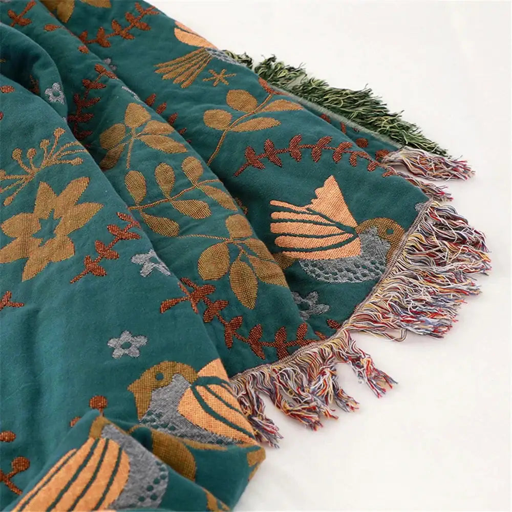 Teal birds jacquard cotton sofa cover living room non slip blanket