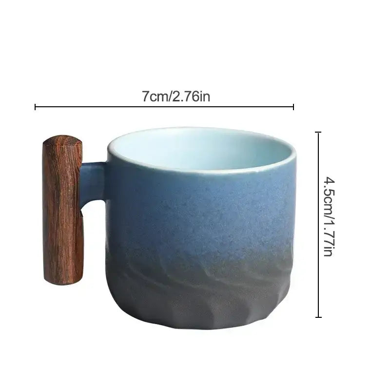 Teal gradient & black ceramic coffee cup kitchen mug with wood handle
