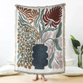 Teal & tan daisy pattern woven throw blanket living room fringed decor