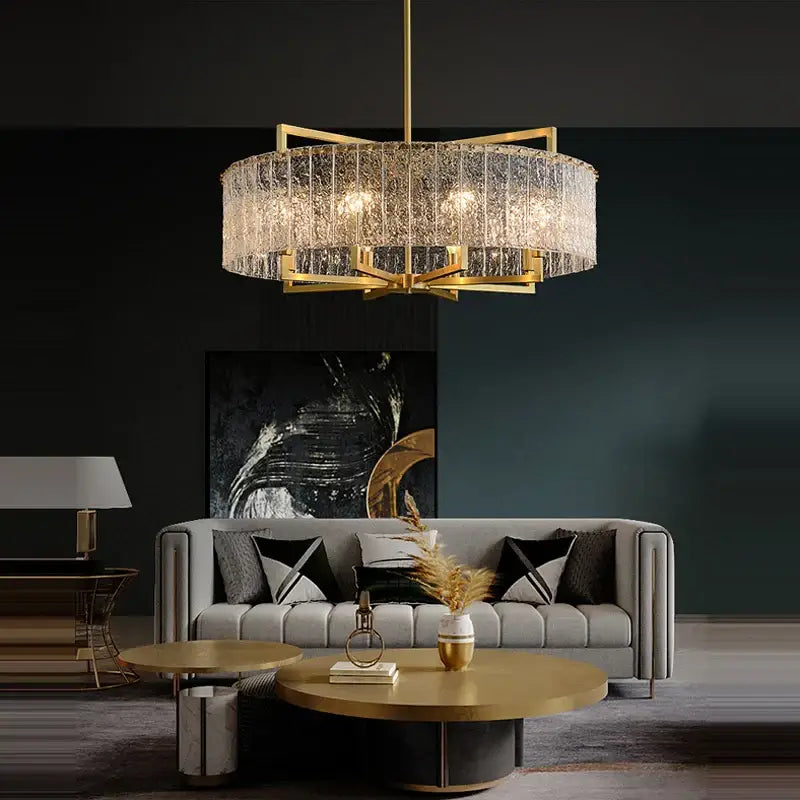 Textured crystal gold dimmable led copper glass chandelier living room