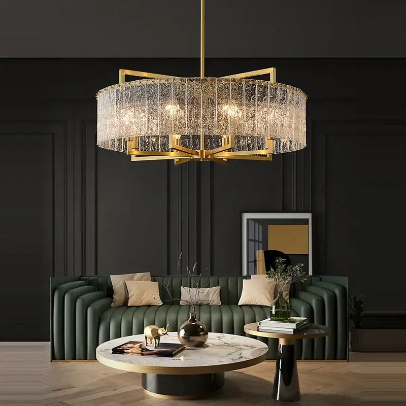 Textured crystal gold dimmable led copper glass chandelier living room