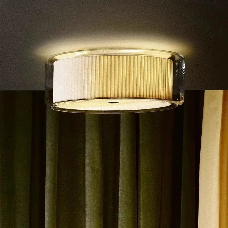 Textured gold & pleated white glass shade ceiling light bedroom