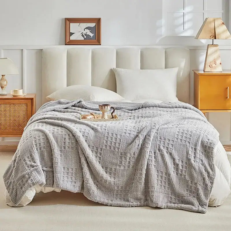 Textured gray coral fleece blanket bedroom knit throw