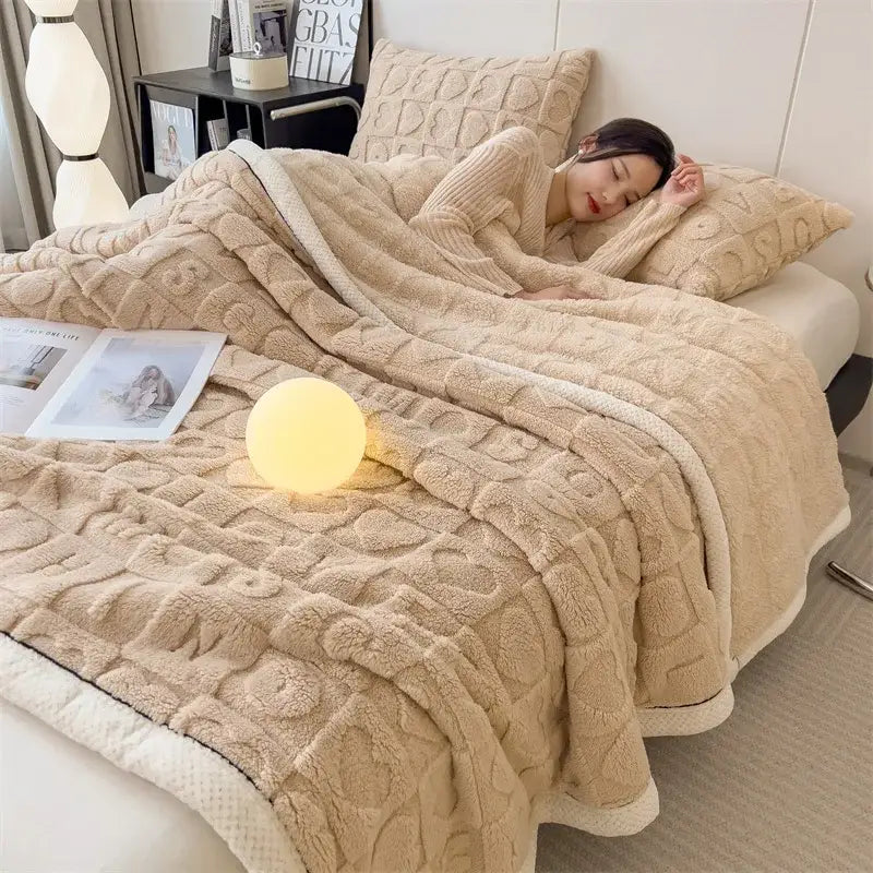 Textured green & cream cozy lamb wool blanket bedroom fleece
