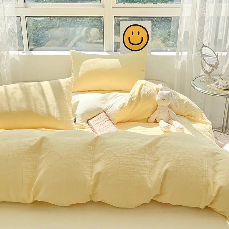 Textured soft yellow cotton bedding set bedroom duvet and pillows