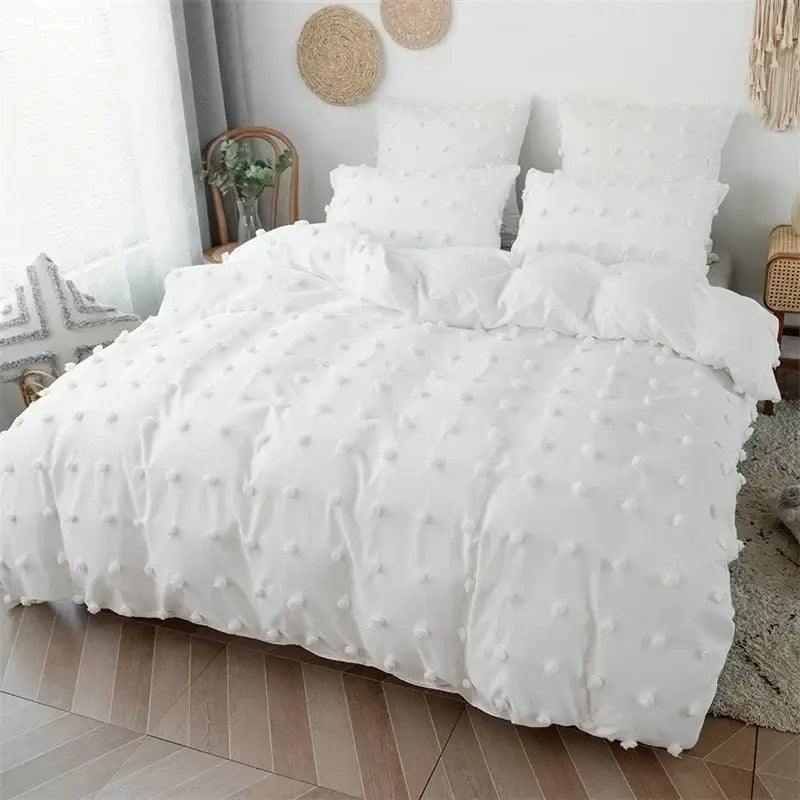 Textured white furball double bed duvet set bedroom bedding