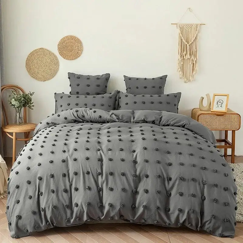 Textured white furball double bed duvet set bedroom bedding