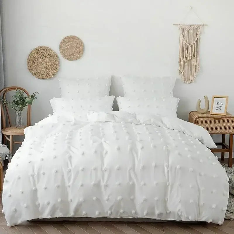 Textured white pom pom quilt cover set bedroom bedding