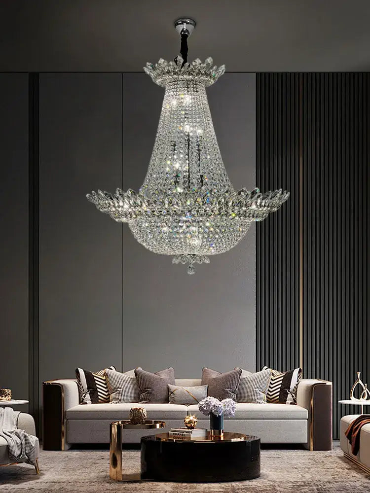 Tiered crystal chrome led chandelier living room lighting