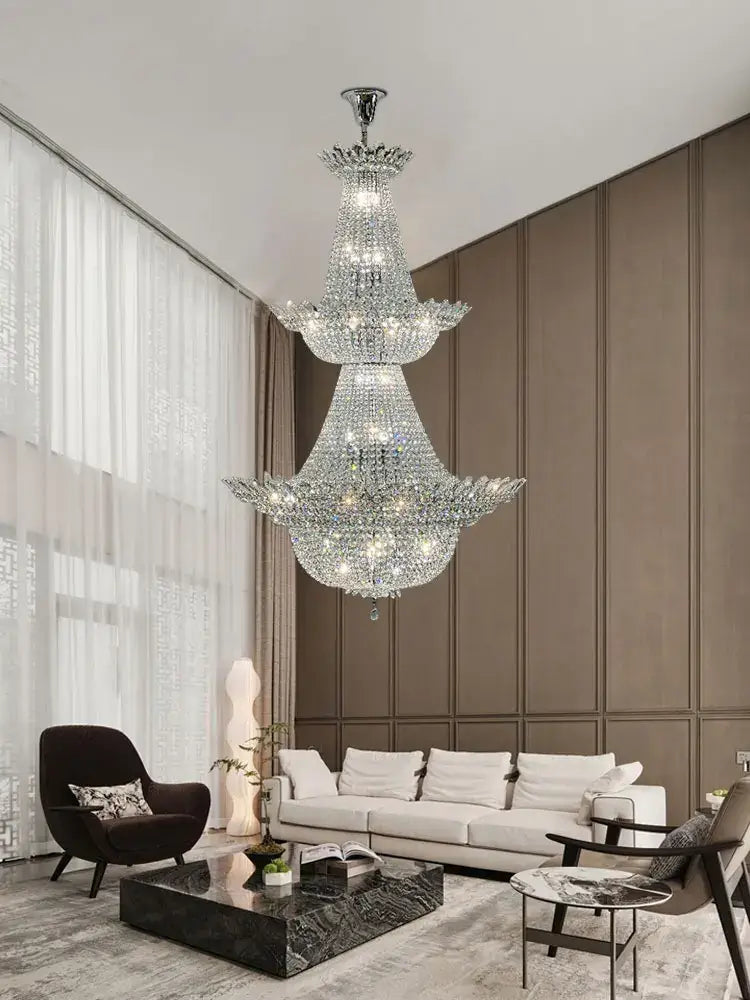 Tiered crystal chrome led chandelier living room lighting