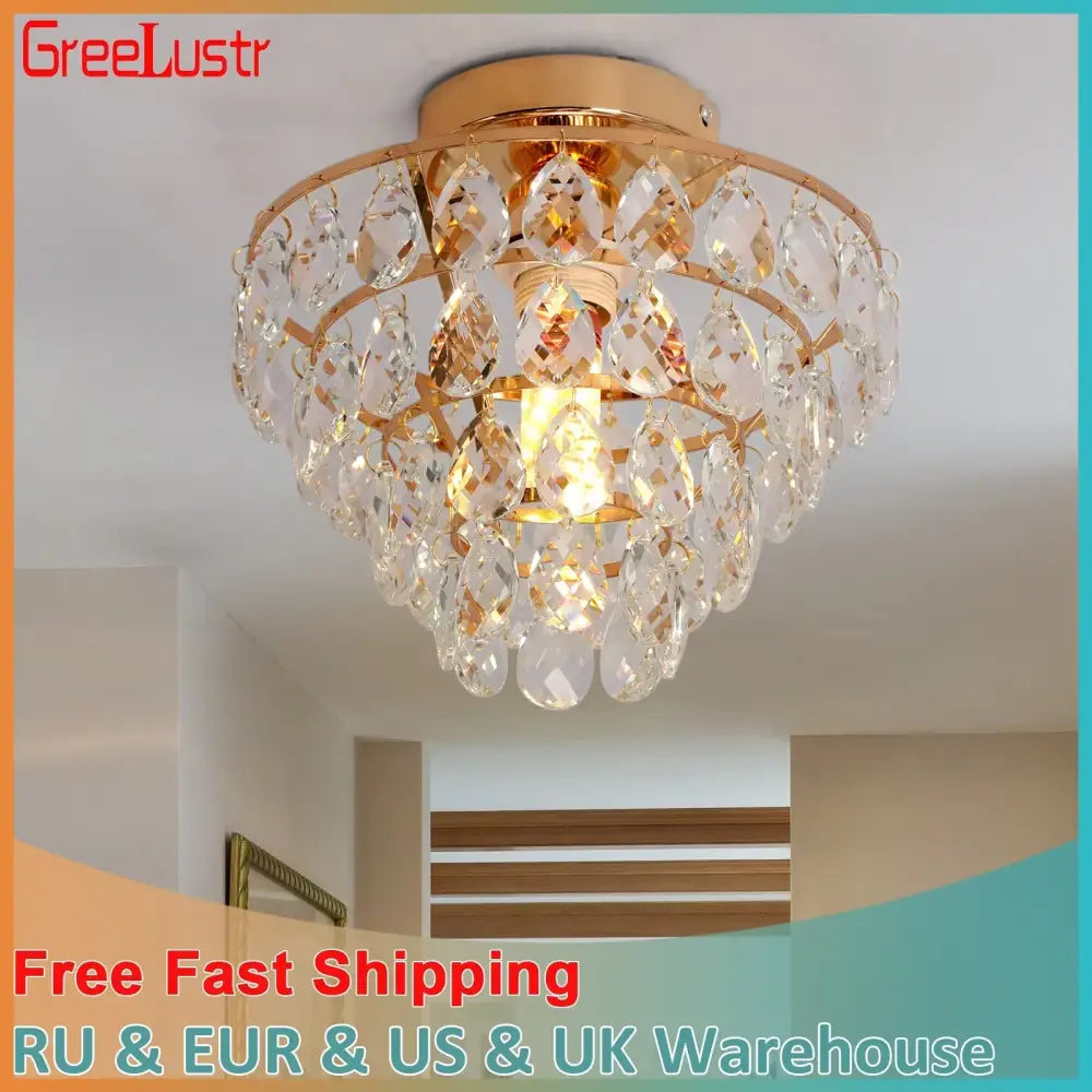 Tiered gold crystal led chandelier dining room ceiling lamp