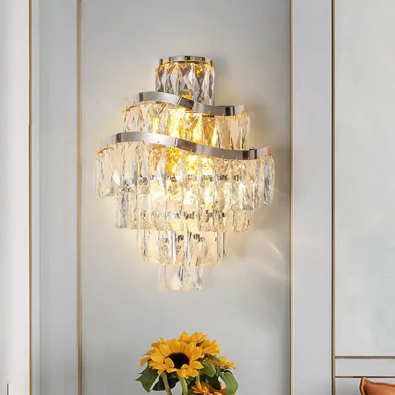 Tiered gold crystal wall lamp living room faceted sconce