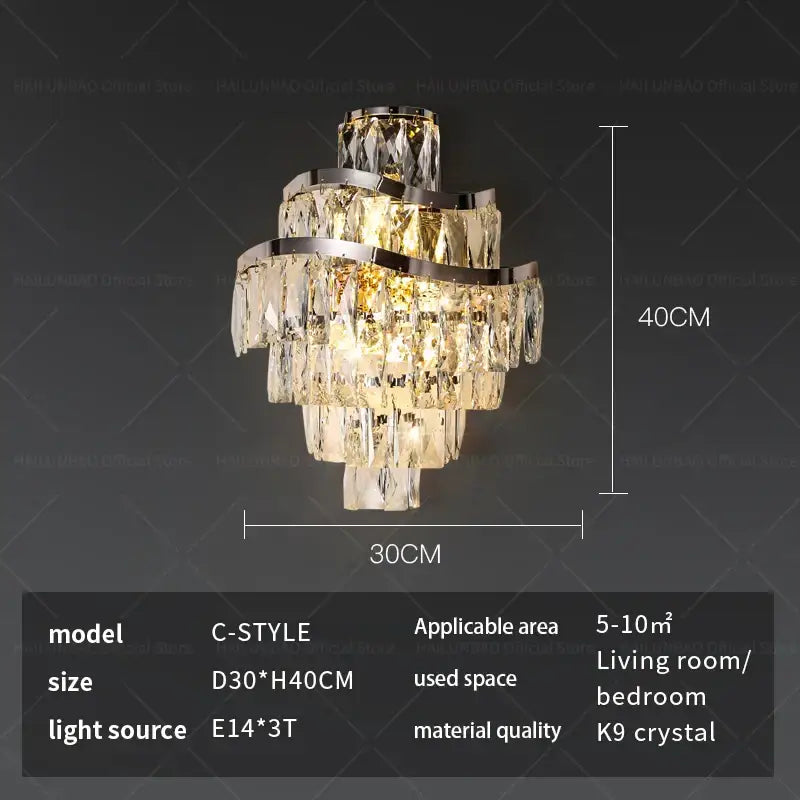 Tiered gold crystal wall lamp living room faceted sconce