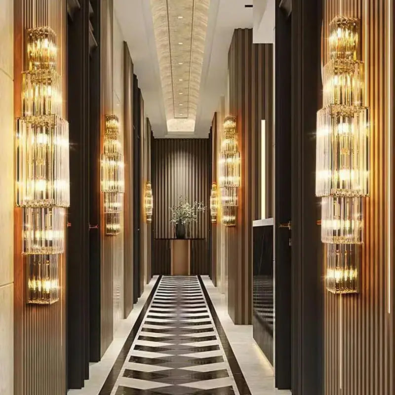 Tiered gold crystal wall lamp living room sconce