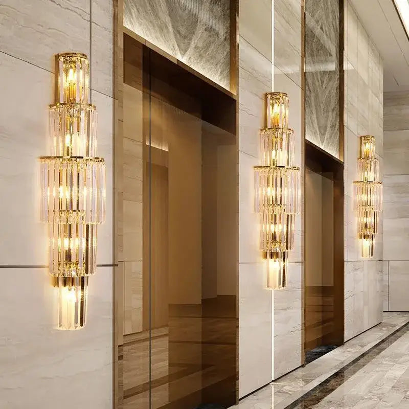 Tiered gold crystal wall lamp living room sconce