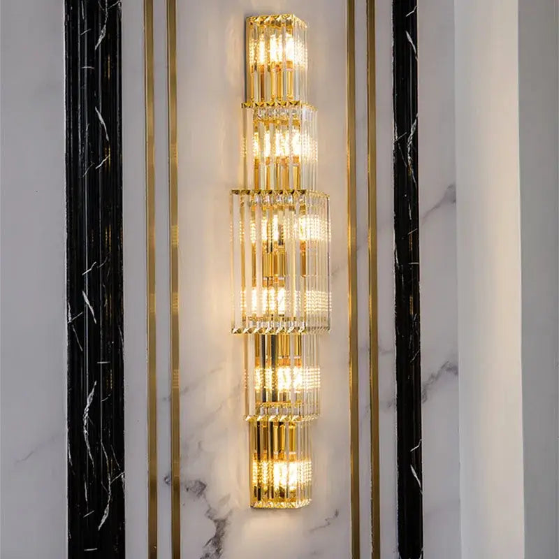 Tiered gold crystal wall lamp living room sconce