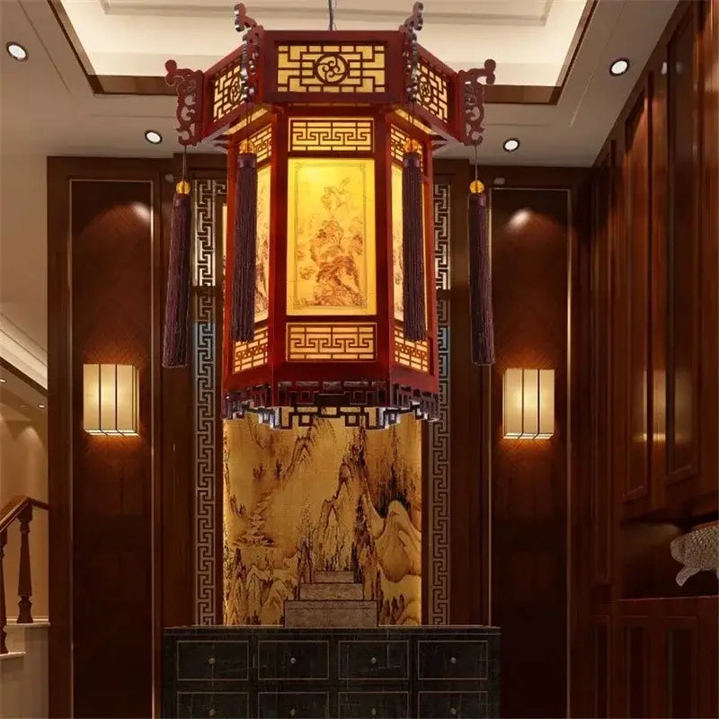 Traditional chinese carved bamboo lantern pendant lights dining room