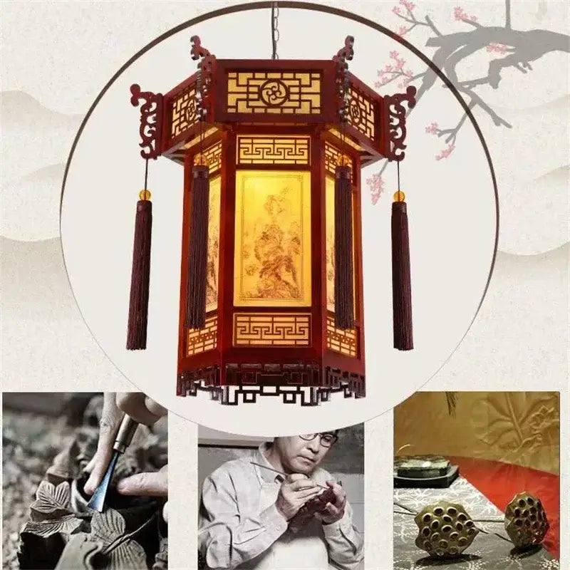 Traditional chinese carved bamboo lantern pendant lights dining room