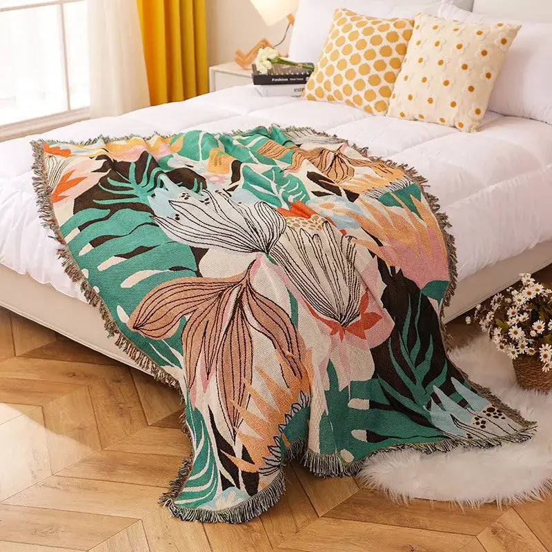Tropical floral teal & pink knit throw blanket bedroom decor