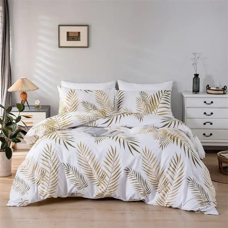Tropical gold & green palm duvet set bedroom bedding solution