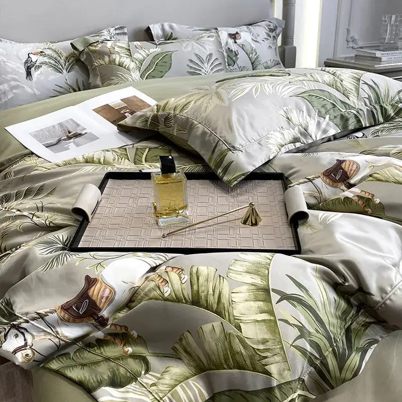 Tropical white horse ice silk plant bedding set bedroom comforter