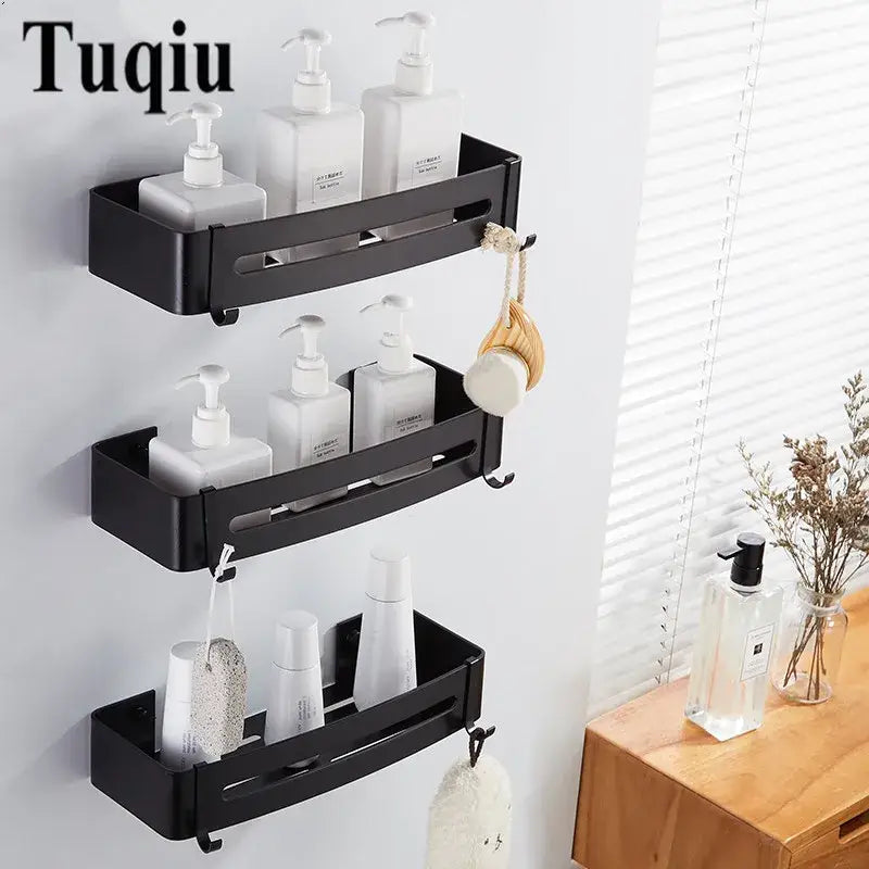 Two tier black aluminum corner shelf bathroom caddy with hooks