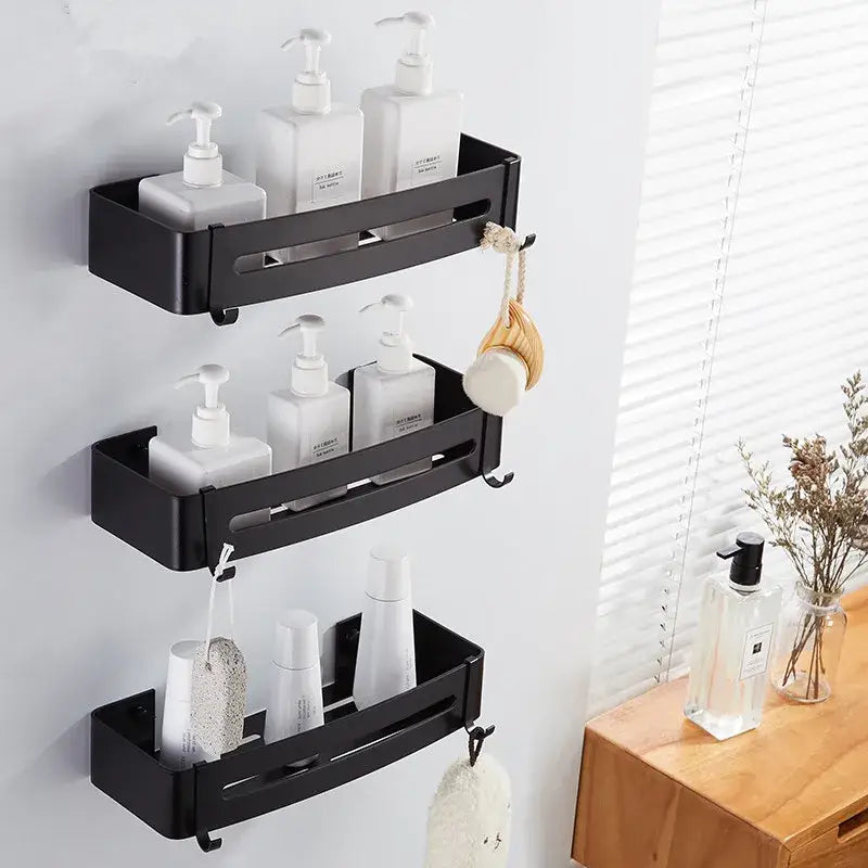 Two tier black aluminum corner shelf bathroom caddy with hooks