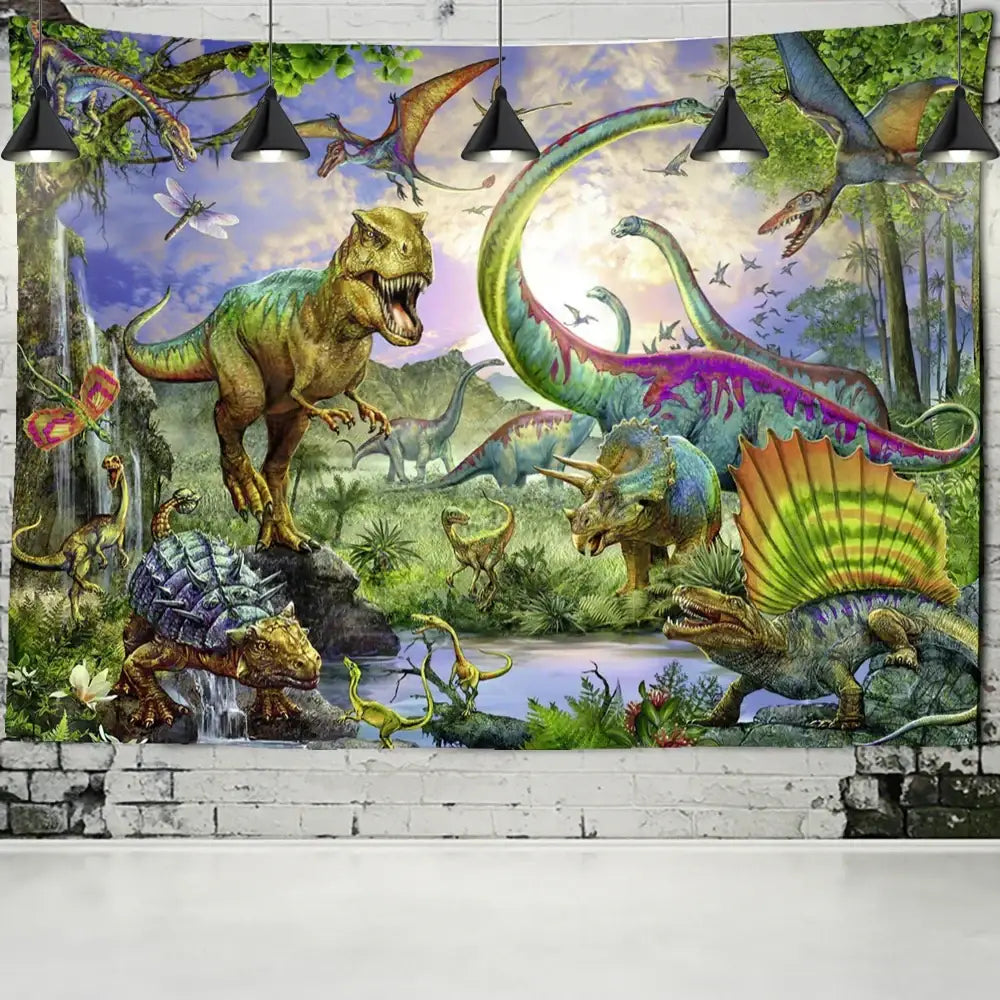 Vibrant colorful dinosaur age tapestry bedroom wall art decor