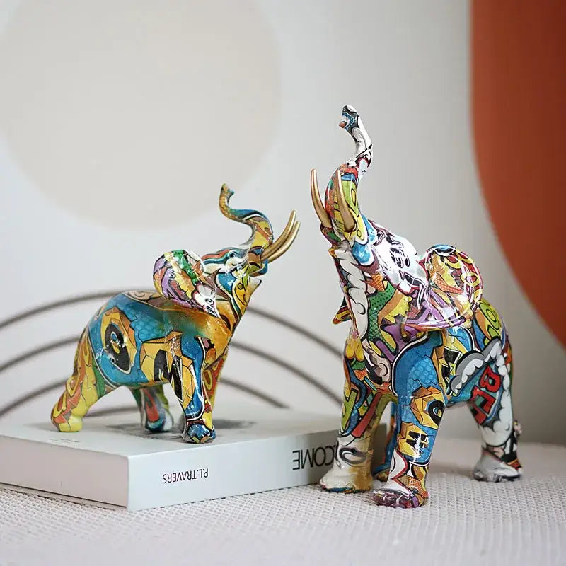 Vibrant graffiti elephant resin sculpture living room decor