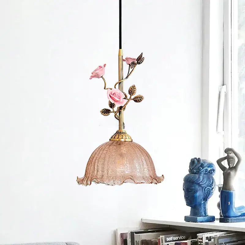 Vintage amber and rose floral pendant light dining room french rose copper