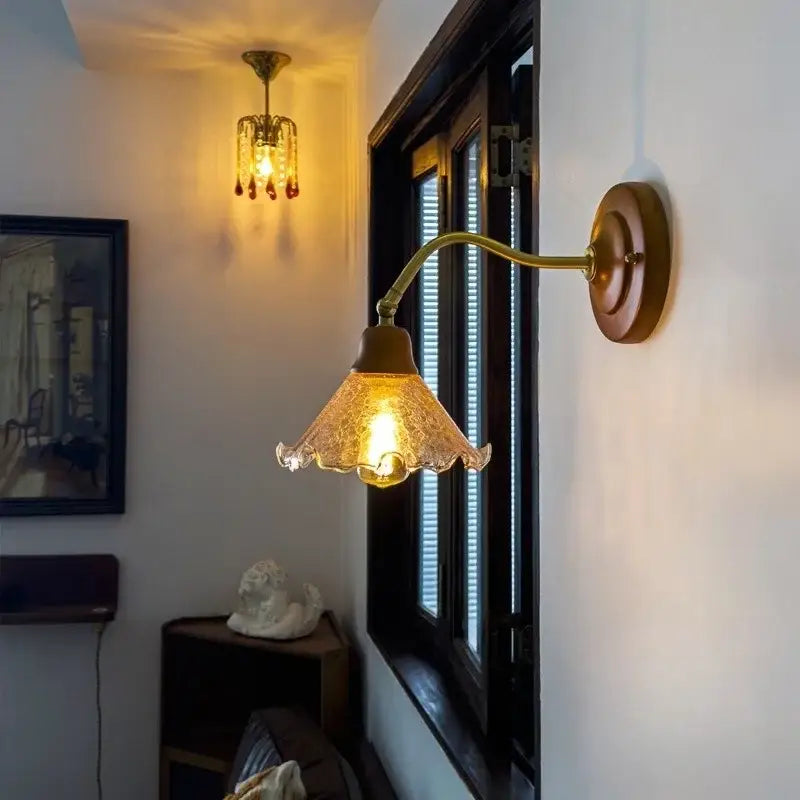 Vintage amber cracked glass led wall lights bedroom brass wood sconce