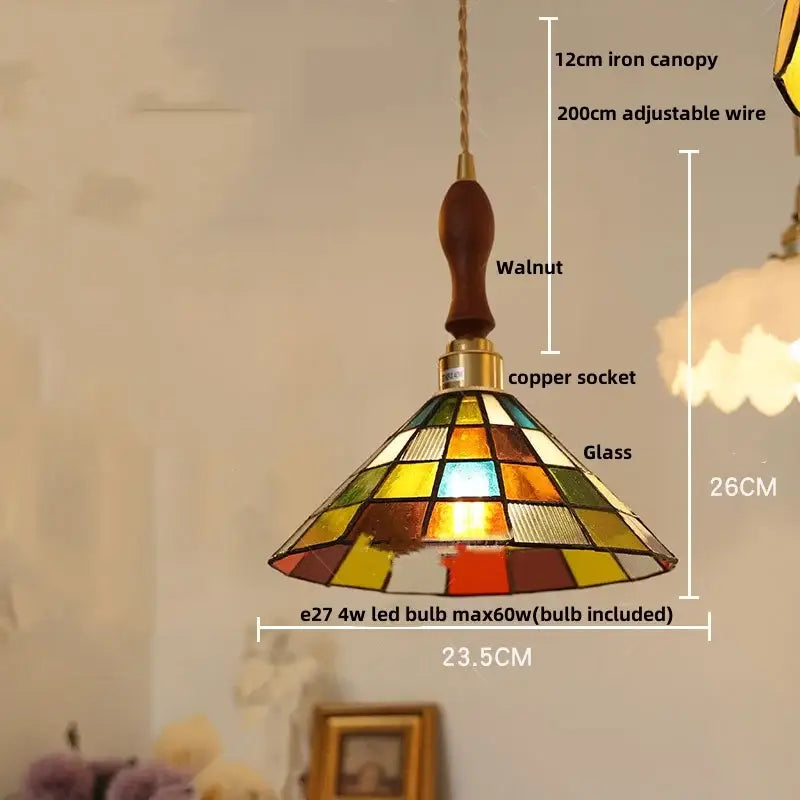 Vintage amber & cream stained glass pendant lamp dining room knob switch