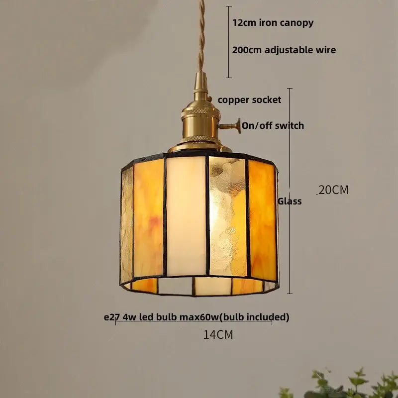 Vintage amber & cream stained glass pendant lamp dining room knob switch