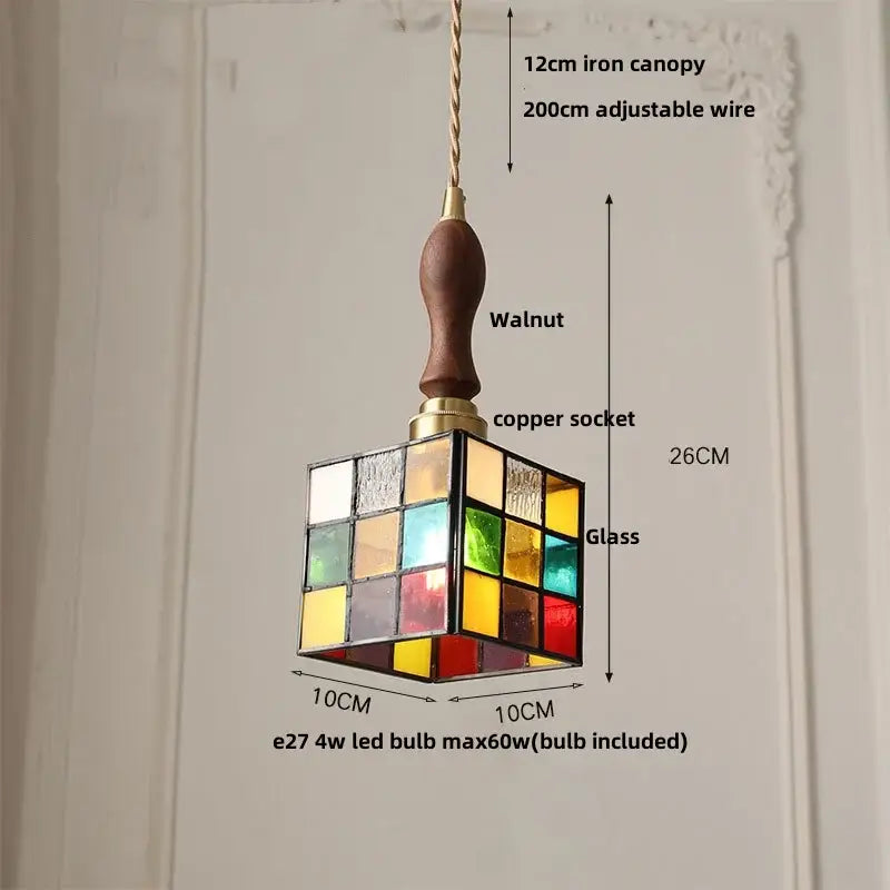 Vintage amber & cream stained glass pendant lamp dining room knob switch