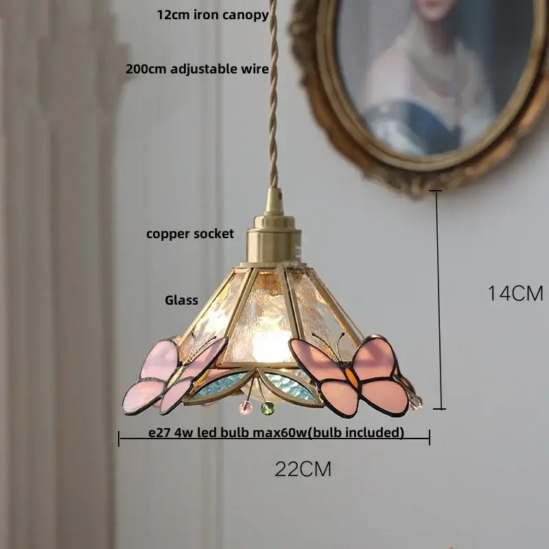 Vintage amber & cream stained glass pendant lamp dining room knob switch