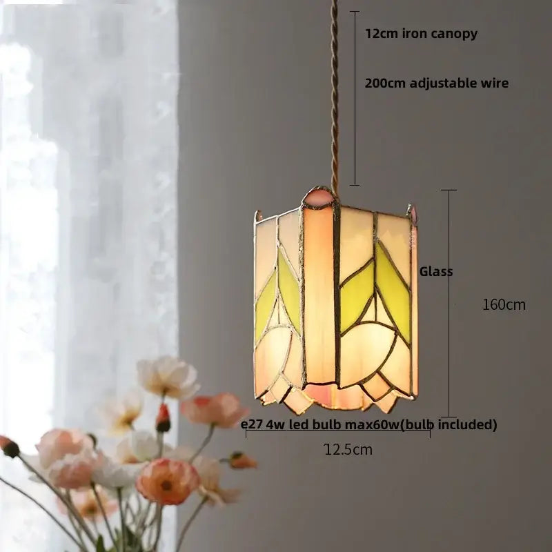 Vintage amber & cream stained glass pendant lamp dining room knob switch