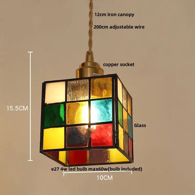 Vintage amber & cream stained glass pendant lamp dining room knob switch