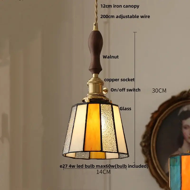 Vintage amber & cream stained glass pendant lamp dining room knob switch