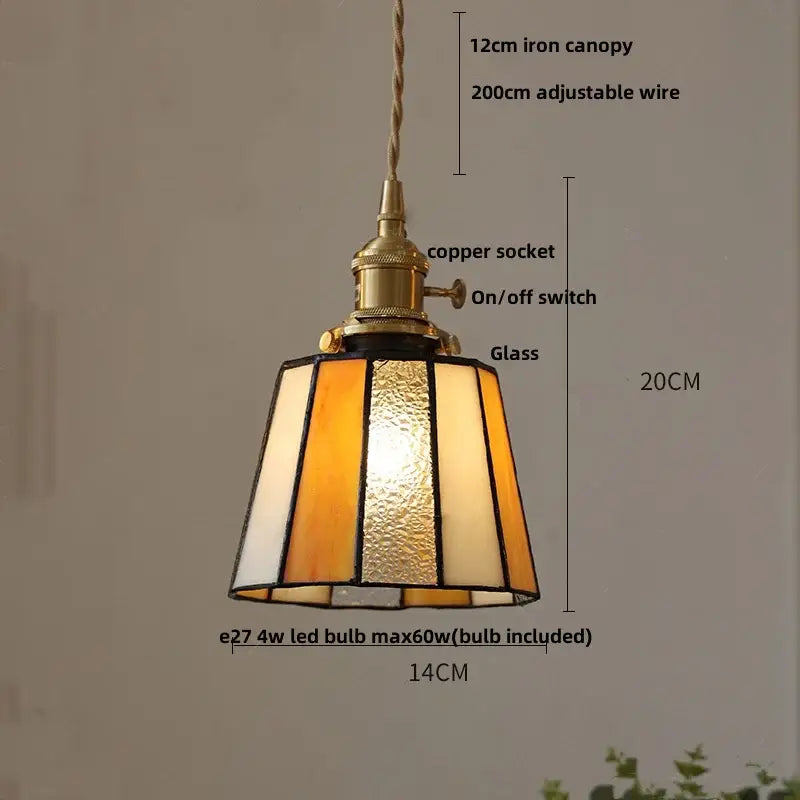 Vintage amber & cream stained glass pendant lamp dining room knob switch