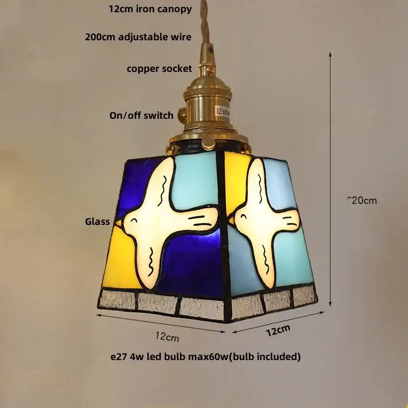 Vintage amber & cream stained glass pendant lamp dining room knob switch