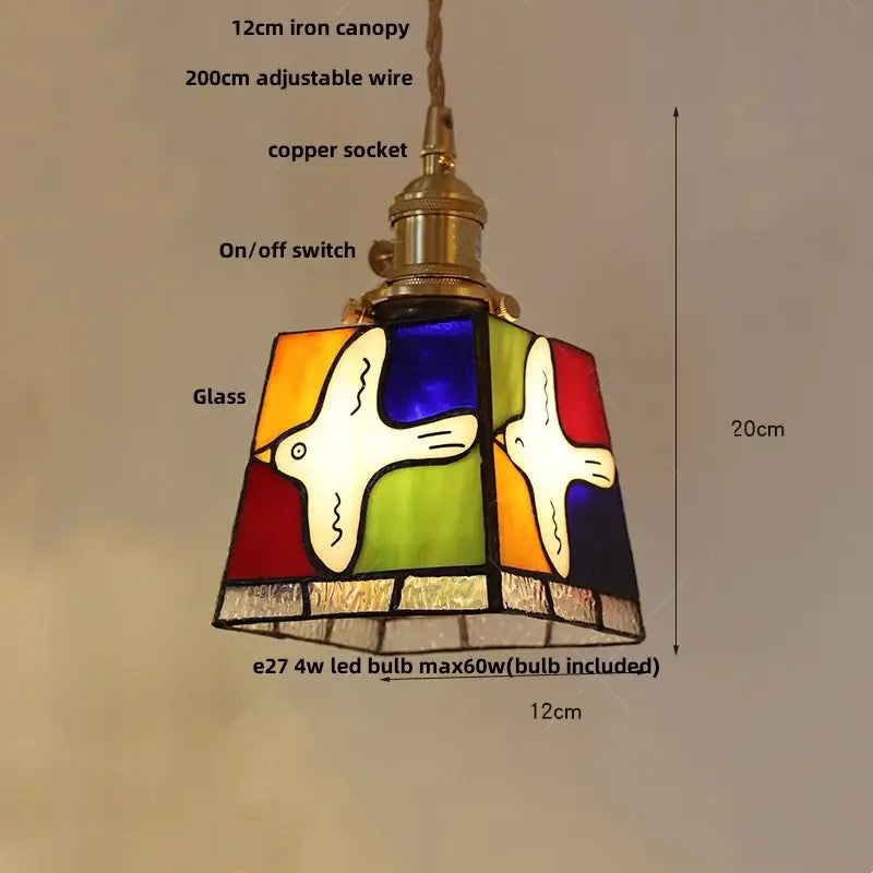 Vintage amber & cream stained glass pendant lamp dining room knob switch