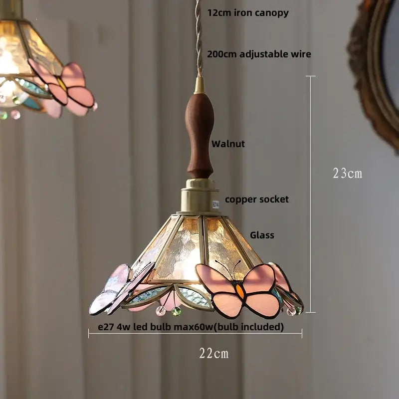 Vintage amber & cream stained glass pendant lamp dining room knob switch