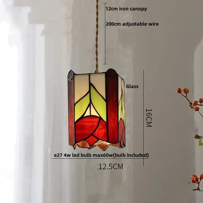Vintage amber & cream stained glass pendant lamp dining room knob switch