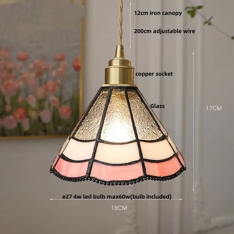 Vintage amber & cream stained glass pendant lamp dining room knob switch