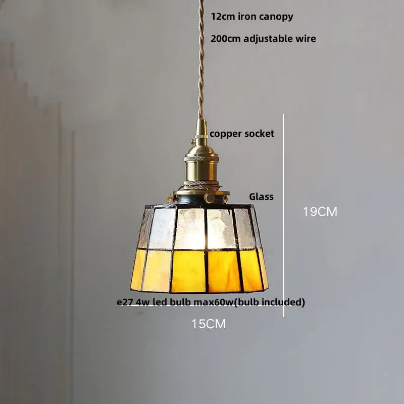 Vintage amber & cream stained glass pendant lamp dining room knob switch