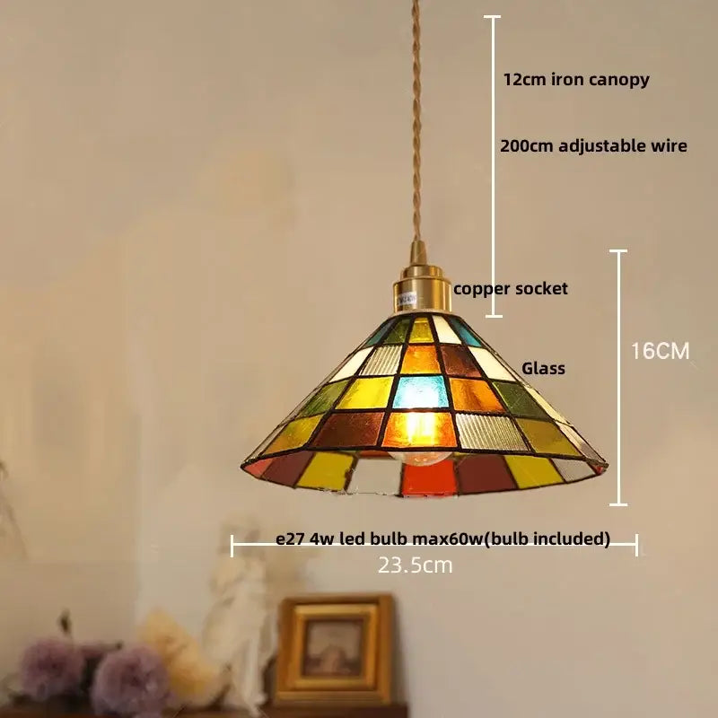 Vintage amber & cream stained glass pendant lamp dining room knob switch