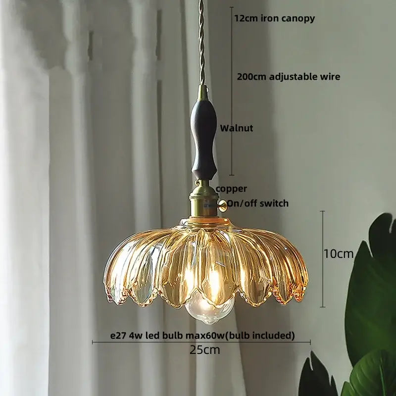 Vintage amber flower glass pendant lamp dining room brass light