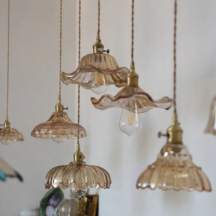 Vintage amber flower glass pendant lamp dining room brass light