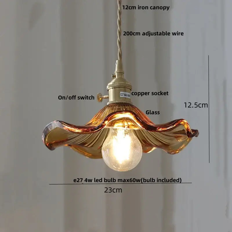 Vintage amber flower glass pendant lamp dining room brass light